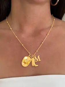 1Pcs Initial Western Cowboy Hat Boot Pendants Necklace Women Fashion Classic Golden Stainless Steel Bead Chain Necklaces For Women Elegant Necklace