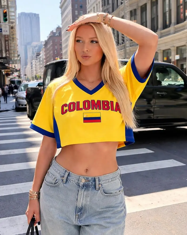 Custom Colombia Flag Crop Top, Personalized Soccer Jersey Crop Tee, Bachelorette Outfit, Festival Shirt, Travel Outfit Gift