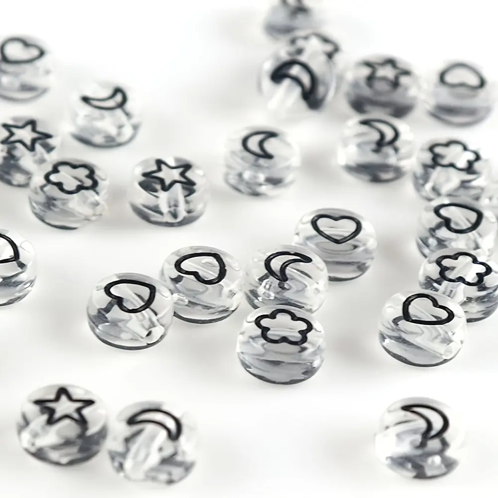 200/300/400pcs Clear Acrylic Black Heart Star And Moon And Flower Pattern Ponies Bead Flat Round Spaced Bead Beaded Jewelry, 7mm Suitable for DIY Jewelry Making, Necklace Bracelet Jewelry Making Accessories