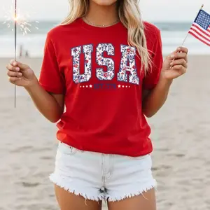 USA Floral Est. 1776 Patriotic Graphic T-Shirt, Cotton Comfort Tee, Cute 4th of July Fashion Outfit, Oversized Floral USA Tee, Ideal Independence Day Gift for Her, Coquette American Present