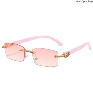 Retro Small Rectangle Rimless Sunglasses for Men Women, UV400 Protection Premium Frameless Vintage Eyewear Shades