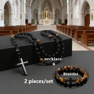 2-piece set of natural obsidian tiger's eye bead necklace, bracelet, and cross pendant; simple men's jewelry, fashionable accessories, trendy jewelry, men's gift set.