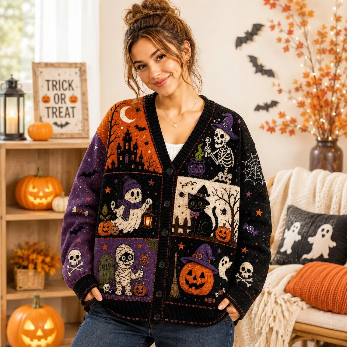 Vintage Halloween Cardigan, Vintage Spooky Knit Sweater, Ghost Pumpkin Skeleton Black Cat Cardigan, Cozy Fall Halloween Outfit Gift