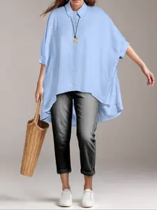 Women's Plain Baggy High Low Chiffon Shirt, Casual Half Sleeve Button Top for Spring & Fall, Ladies Clothes for Daily Wear