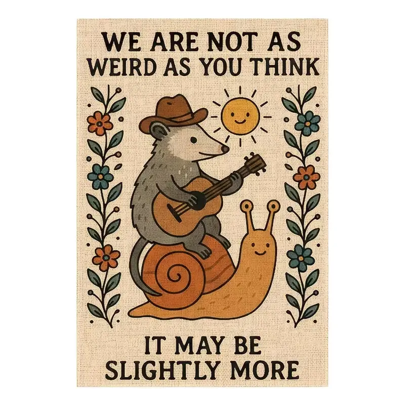 "We Are Not As Weird As You Think" Decorative Opossum-on-Snail Guitar Garden Flag, Retro Floral Funky Home Decor with Cute Design, Adds Humor and Charm to Outdoor Lawn
