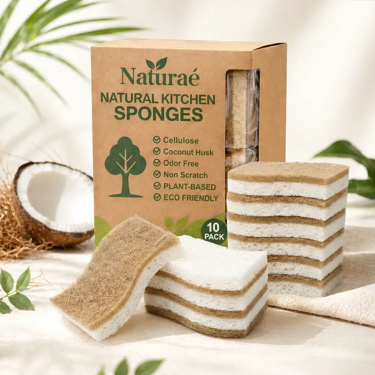 Natural Sponges for Dishes 10 Pack - Keep Soap Biodegradable Kitchen Sponge Compostable Coconut Scrubber - Eco Friendly Cleaning Sponges