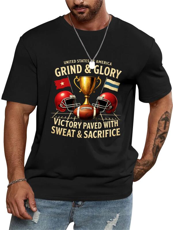 Men's 100% Cotton American Football "Grind & Glory" T-Shirt | Victory Paved With Sweat & Sacrifice | Vintage Game Day Streetwear