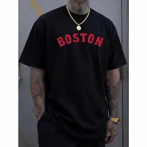 Men's Boston-Inspired Casual Tee - Cool, Comfortable & Stylish Letter Print Short Sleeve Shirt for Summer, Boston-inspired, Casual, Summer, Conventional Version, Leisure Style, Four Seasons