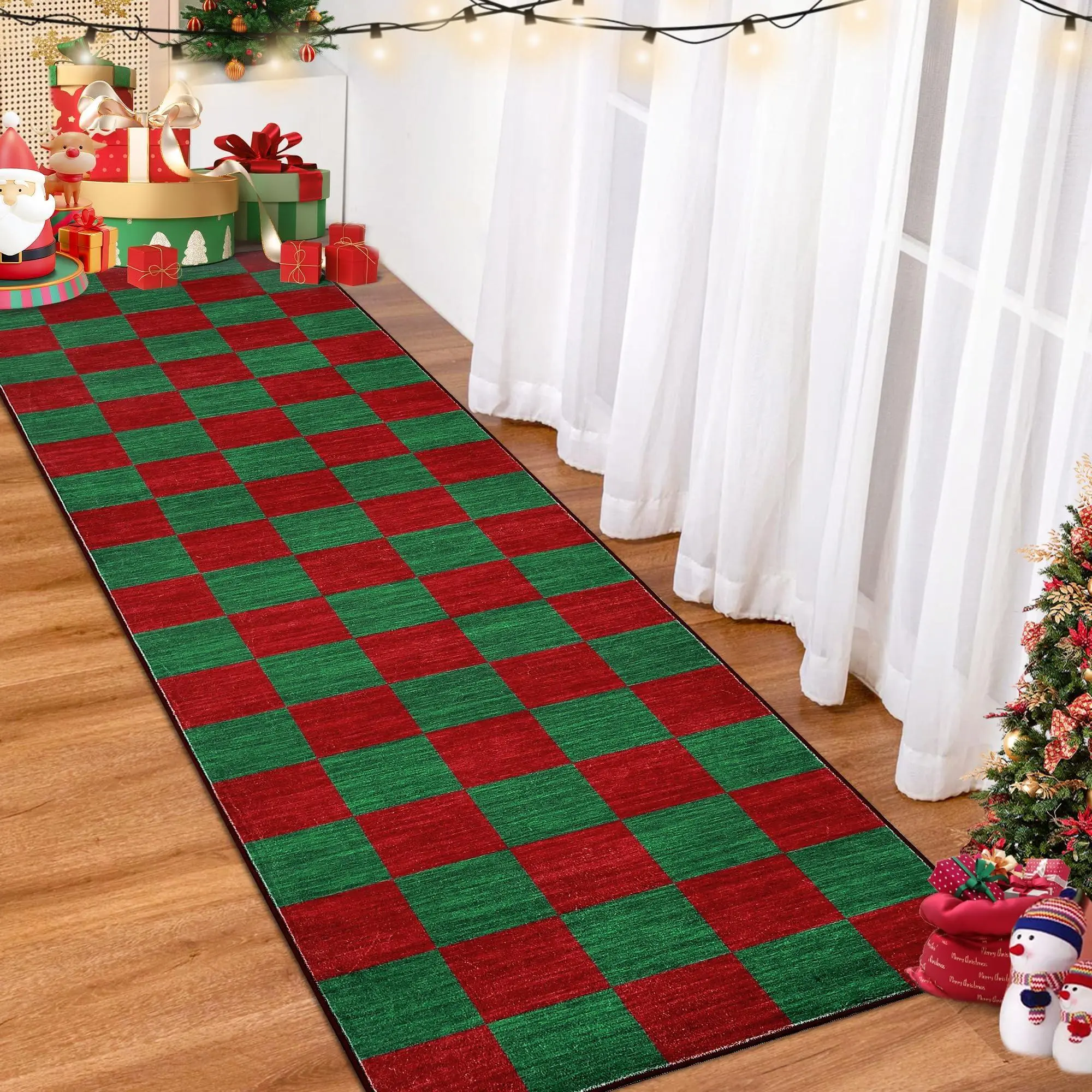GARVEE Checkered Christmas Hallway Rug 2x6 Ultra-Soft Kitchen Runner Rug with Non-Slip Backing, Stain-Resistant Ultra-Thin Carpet Runner, Easy Cleaning, for Laundry, Bedroom, Red Green