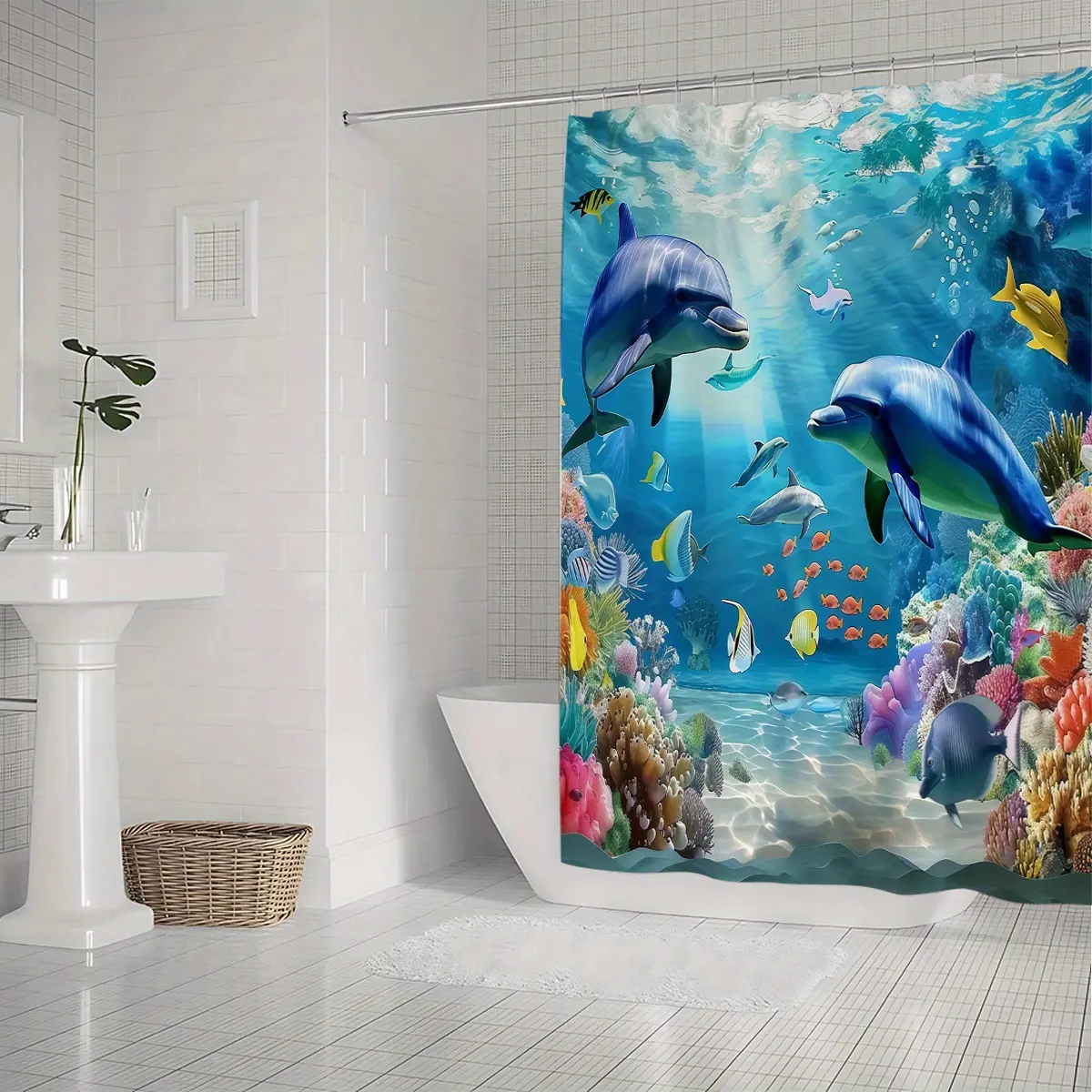 Ocean Adventure Dolphin & Fish Shower Curtain Set, Waterproof Hooks, Non-Slip Bath Mat, U-Shaped Toilet Lid Cover, Modern Bathroom Decor Accessories, Shower Essentials, Bathroom Accessory