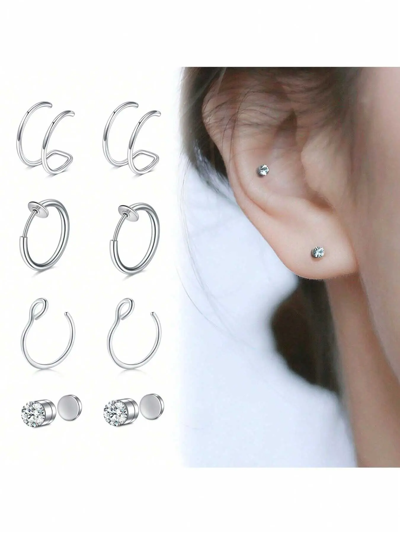 Fake Nose Ring Hoop Fake Nose Stud Magnetic Septum Nose Ring Stud Stainless Steel CZ Fake Nose Piercing Stud Faux Nose Ear Lip Cuffs Non Pierced Jewelry for Women Men Hypoallergenic Cubic Zirconia