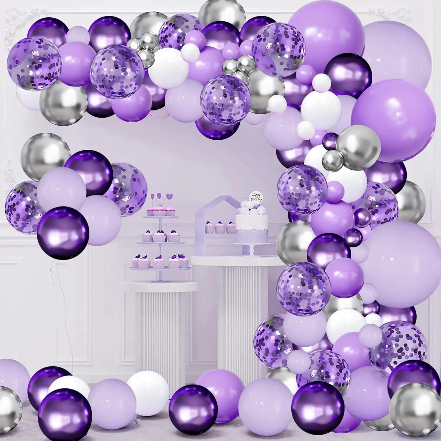 Balloons Garland Arch Kit,144pcs Lavender  Pastel  Confetti Balloons with  White Ballons for Butterfly Bridal Shower Birthday Wedding Party Decoration