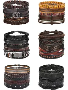 30PCS Braided Leather Bracelets for Men Women Wrap Wood Beads Bracelet Woven Ethnic Tribal Rope Wristbands Bracelets Set Adjustable Beaded Bracelet, Stackable Bracelet