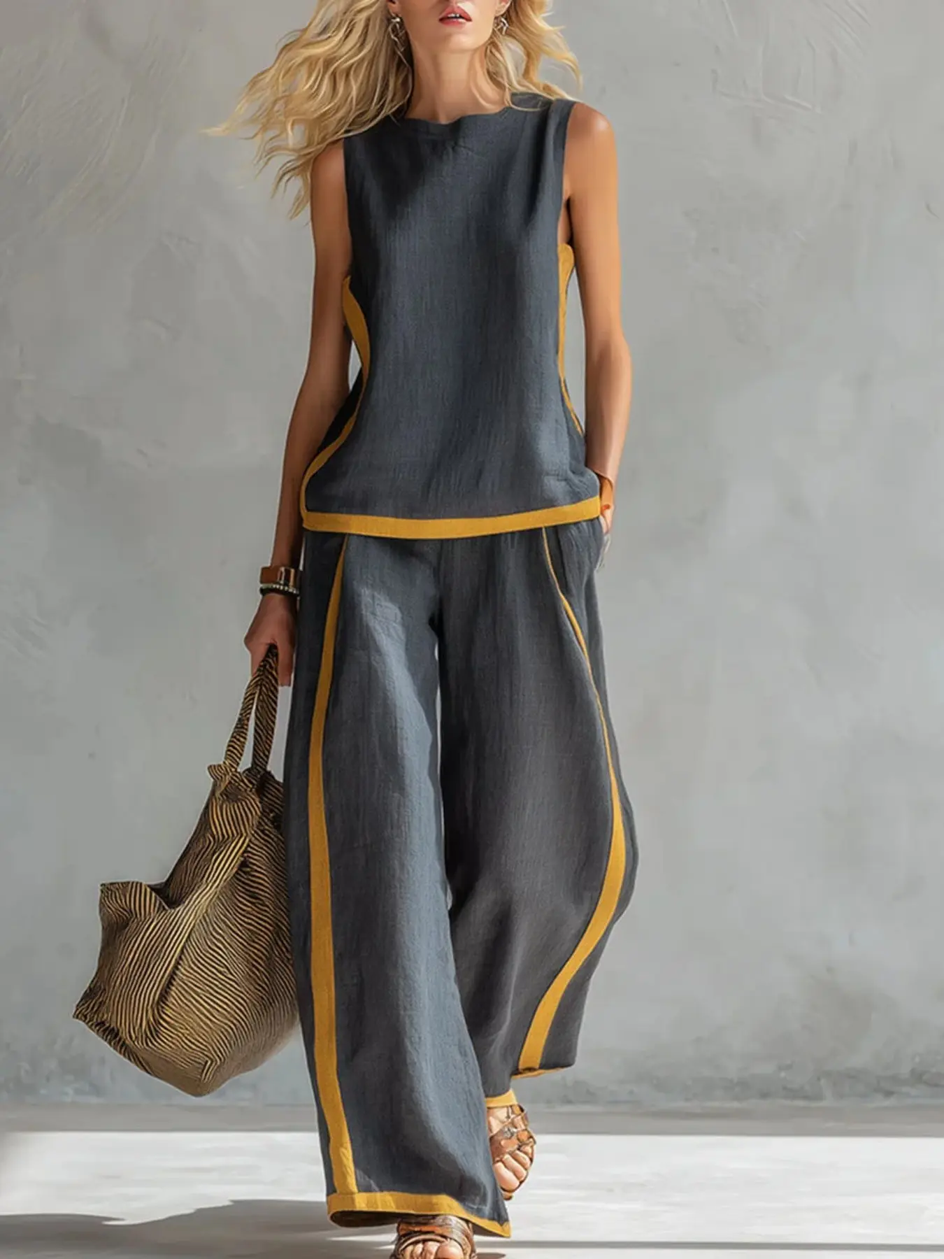 Women's Round Neck Sleeveless Oversized Loose Top and High Waist Wide Leg Pants Set, Casual Commuter, Fashion, Chic, Comfortable and Stylish, Clothes