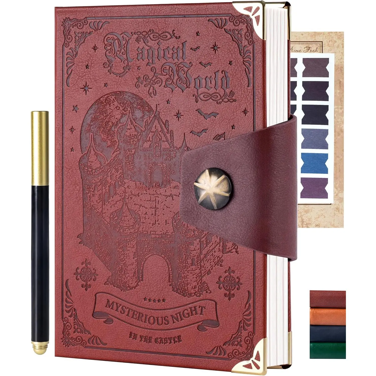 Castle Leather Journals Magic Theme Mens Journal for Writing with Pen, 100GSM Hard Cover Notebook Journaling Notebooks for Men Women Boys  Gifts Set, Dark Brown