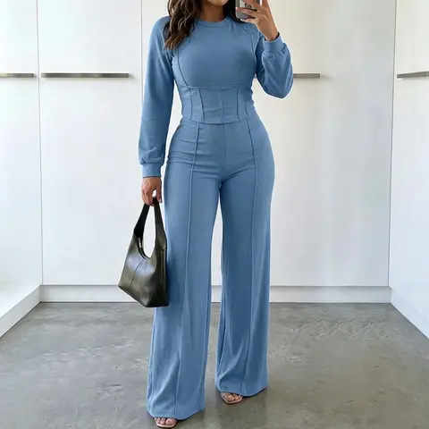 CHICME Women's 2 Pieces Outfit O-neck Long Sleeve Cinched Waist Sweatshirt and Elastic Waist Wide Leg Pants Set Casual Seam Design Sweatpants Set