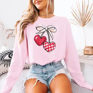 Yarn Heart Cherry Bow DTF Comfort Colors, Graphic T-Shirt, Womenswear, Soft Fabric