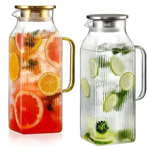 2-Pack 68oz Square Glass Water Bottle, Cold Brew Tea Maker,Large-Capacity Kettle with Handle and Lid, Striped Square Iced Tea Maker, Suitable for Iced Tea and Coffee, Made of Borosilicate Glass.Suitable for Both Hot and Cold Drinks.