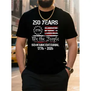 Men's Plus Size 1776-2026 250th Anniversary American Flag T-Shirt - 100% Cotton, Soft Breathable Short Sleeve, Preshrunk Double-Stitched Casual Fit (S-XXXL), We The People Design for USA History Fans, Patriotic Events