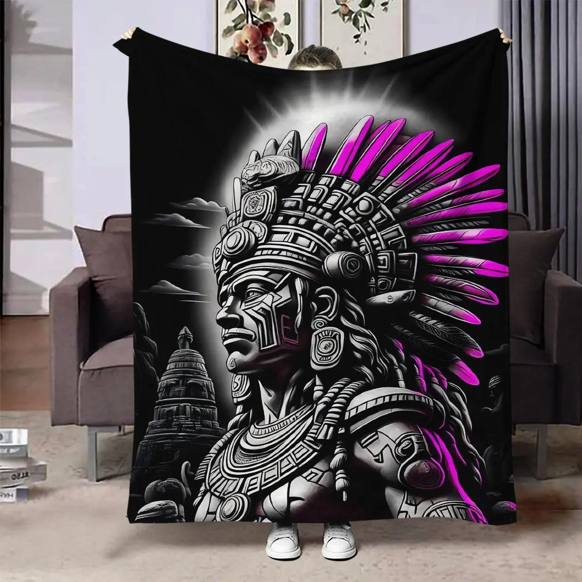 Aztec Tribal Leader Pattern Blanket, 1 Count Soft Knitted Throw Blanket, Air Conditioning Blanket, Warm Nap Blanket for Home Office Travel, Portable Throw Blanket, Cozy Chic Blanket, Stylish Blanket, Soft Blankets