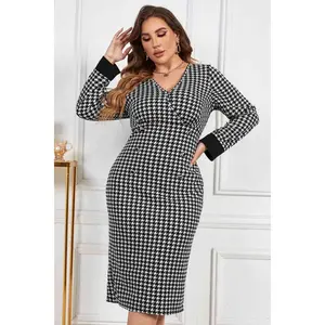 Melo Apparel Plus Size Houndstooth V-Neck Midi Dress