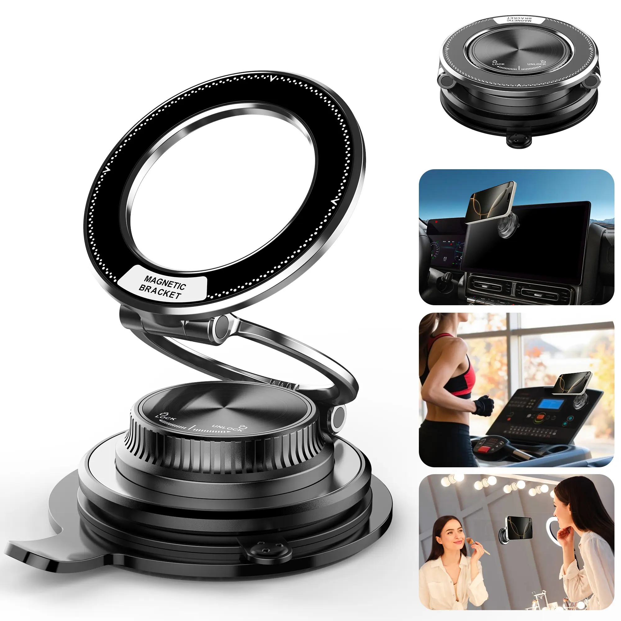 360° Adjustable Vacuum Magnetic Cell Phone Holder, Car Gadgets with Ultra-Strong Suction Cup, MagSafe Ready Vacuum Mount for Car, Gym Mirror, Universal Fit for iPhone 11+ & All Smartphones/Vehicles, Car Accessories