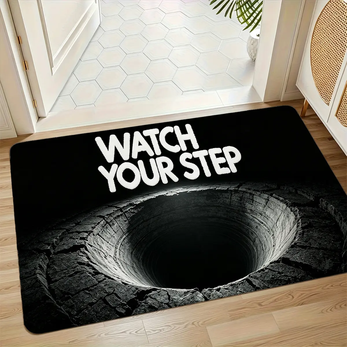 3D Stone Well Optical Illusion Bath Mat, Flannel Floor Rug with “Watch Your Step” Design, Black Decorative Mat for Bathroom Entryway Bedroom Dorm Room, Halloween Party Housewarming Christmas Gift