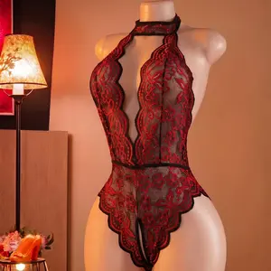 Women Black Lace Halter Bodysuit, Deep V Teddy Lingerie, Romantic Honeymoon Nightwear