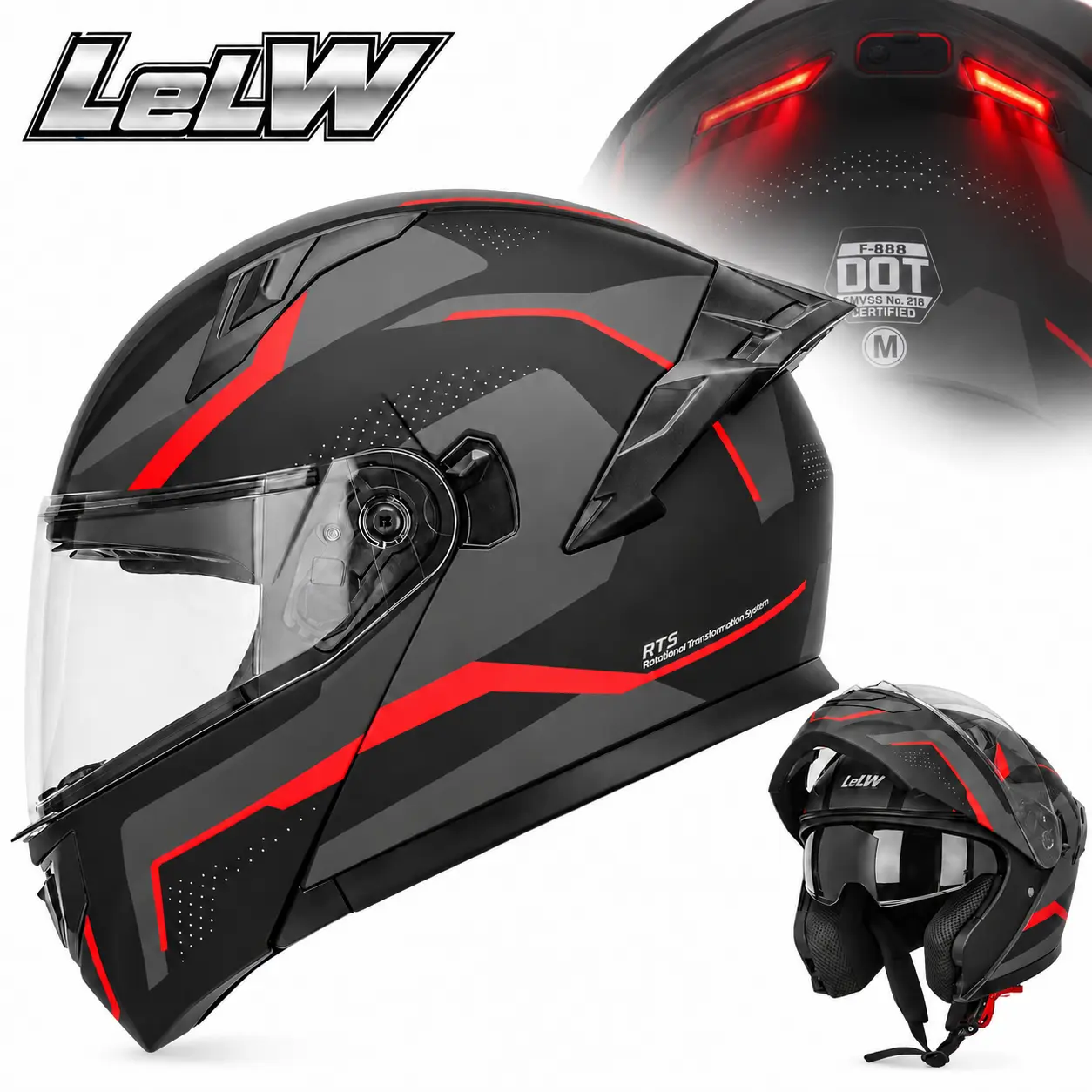 LeLW Modular Motorcycle Helmet - DOT Certified, LED Rear Lights, Dual Visor, Lightweight ABS Shell, Multiple Ventilation, Visibility Boost, All-Season Helmet for Motorcycle for Men Women