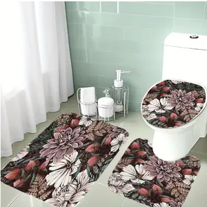 3-Piece Bathroom Rug Set, Deep Base with Floral & Leaf Patterns, Soft Flannel Material, Non-Slip Bath Mat, Bathroom Floor Mat, Bathroom Toilet Mat
