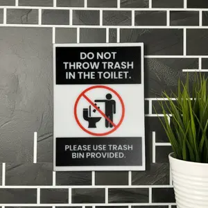 Do Not Throw Trash In Toilet Signs, 5x7 inch Acrylic Signs, Choose from 30 Warning and Policies, Each Sign Comes With Double Sided Tape for Easy Displaying. (Design 21)