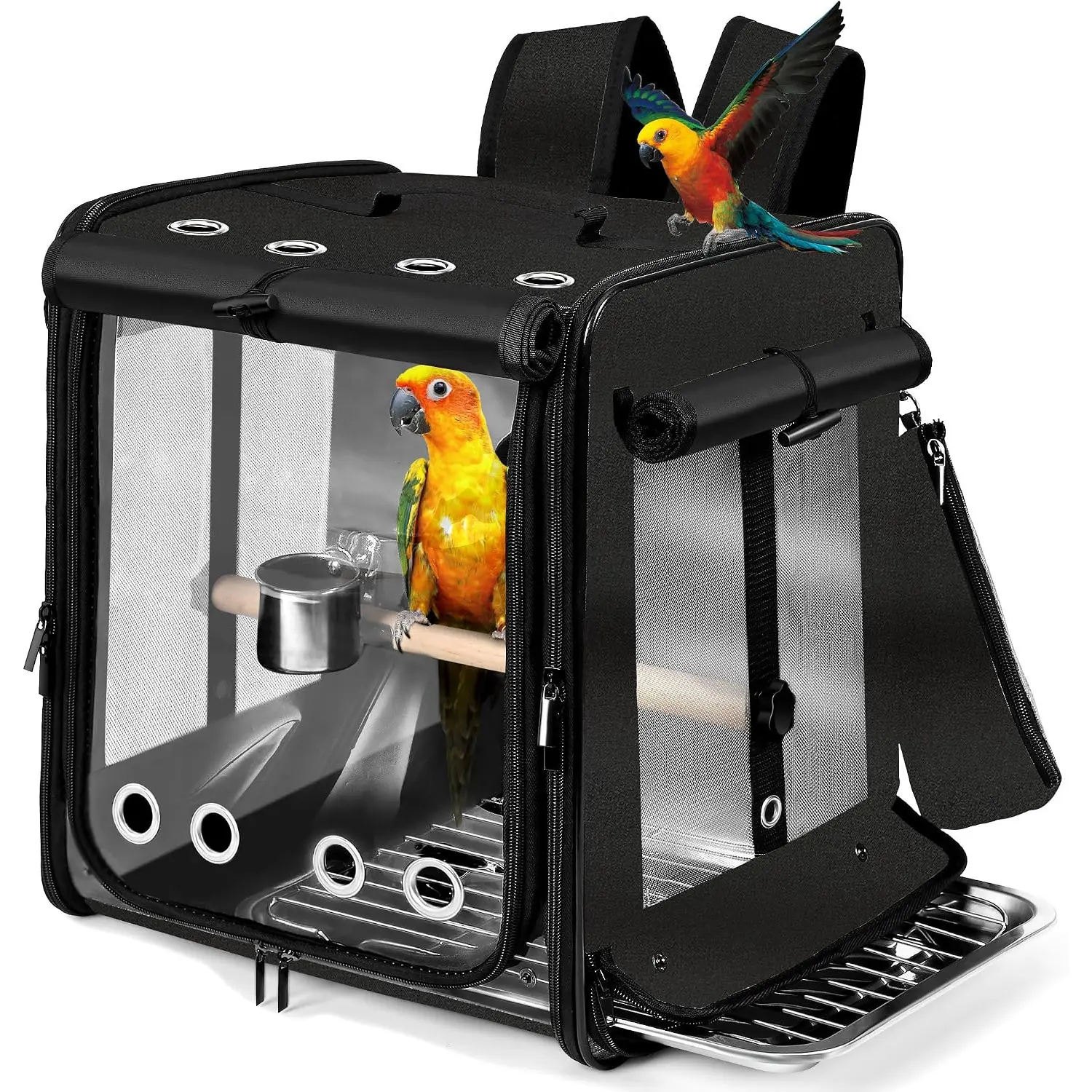 Large Bird Carrier with Seat Belt & Stainless Steel Mesh, Backpack Travel Cage for Car, Black