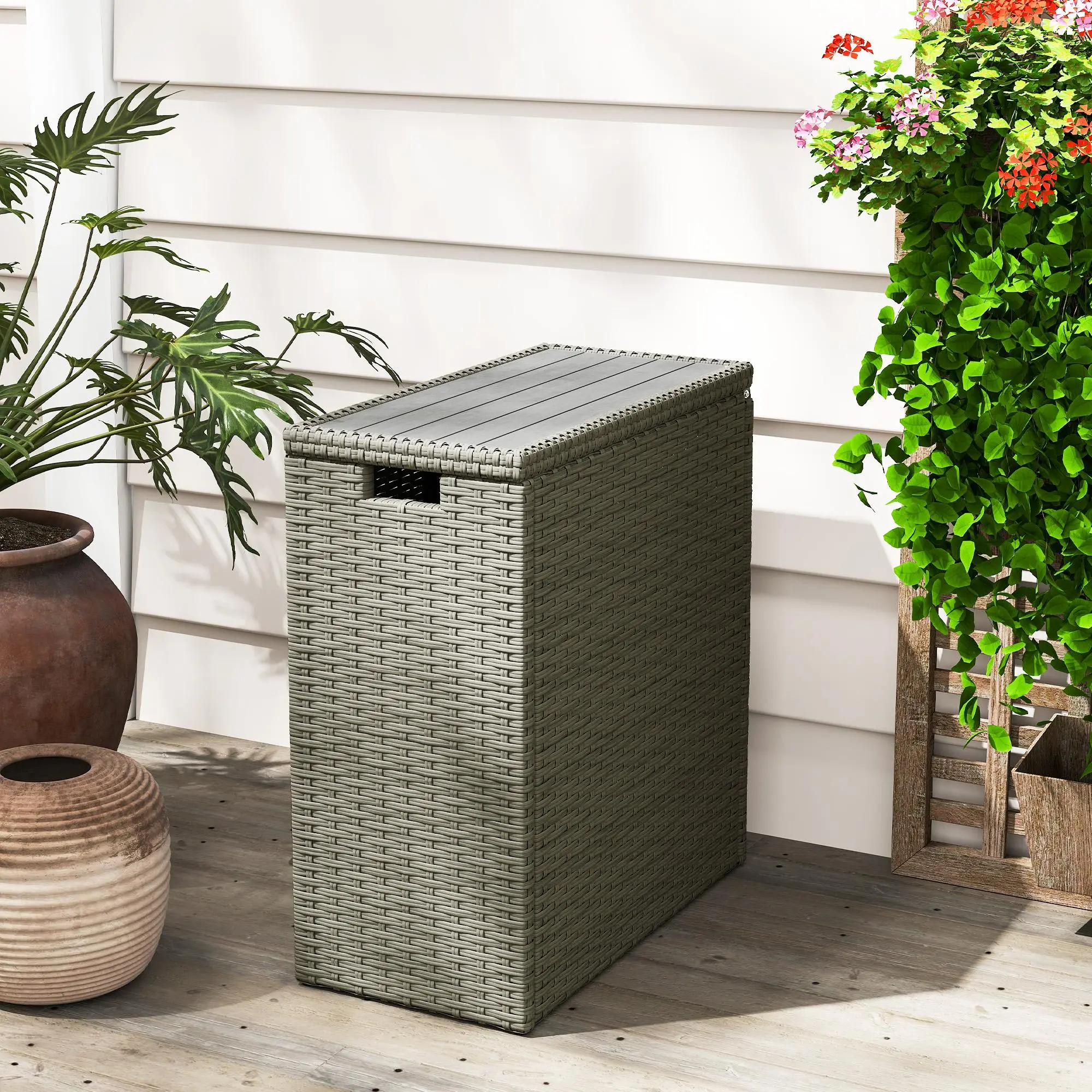 17-Gallon Small Deck Box, Wicker Outdoor Storage Box with Acacia Wood Top for Patio Cushions and Garden Tools, Gray