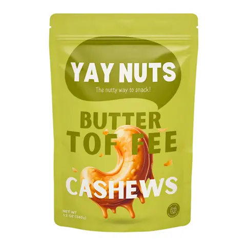 Yay Nuts Butter Toffee Cashews - 12oz Resealable Pouch Value Pack, Ready-to-Eat Roasted Crispy Sweet & Salty Bites with Caramelized Toffee Coating, 12-Month Shelf Life Food and Snacks for Adults, Popular Snacks