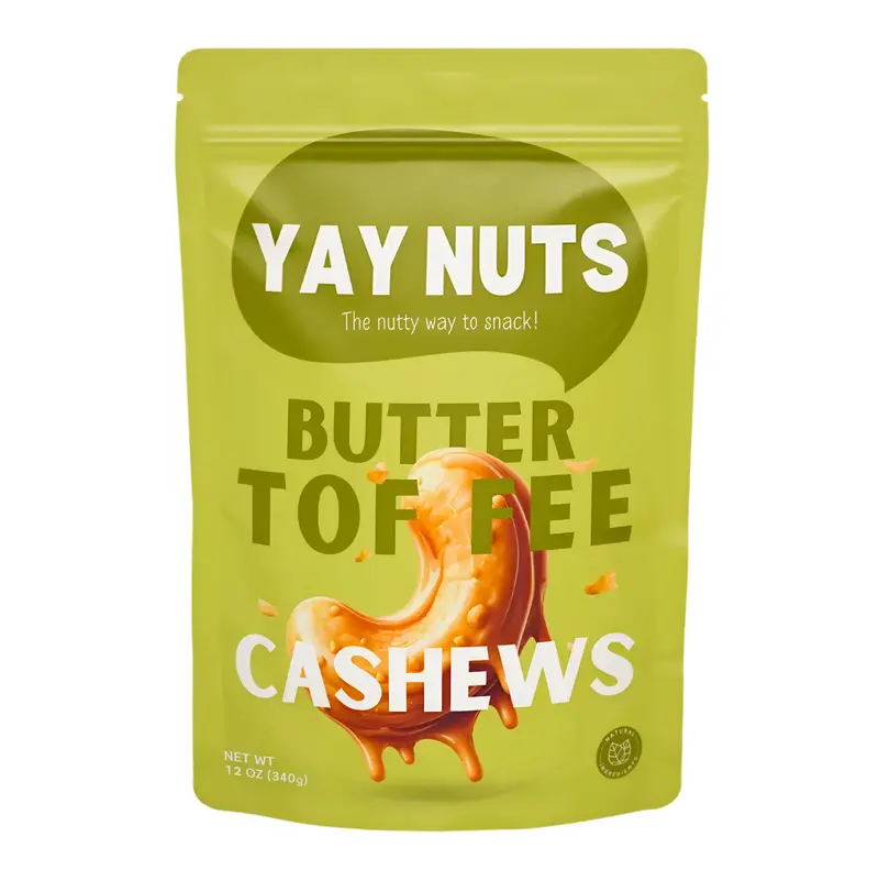 Yay Nuts Butter Toffee Cashews - 12 oz, Butter Toffee Coated Cashew Nuts, Delicious and Sweet Nut Snacks Crunchy, Cashew Nut Snack Packs for School, Office, Road Trips
