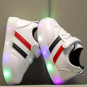 Youngsters' LED Light-Up Sneakers - Colorful Flashing Striped Design, Comfy Non-Slip Rubber Sole, Easy Closure for Boys & Girls - Perfect for Casual Wear in Spring & Fall, Easy Wear Sneakers |   Playful Youngsters's Footwear |   Pu Upper Sneakers, Cute S