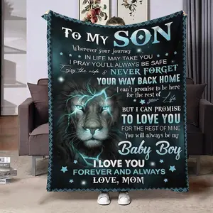 Lion Pattern Flannel Slogan Print Blanket, 1 Count Letter From Mom To Son Soft Throw Blanket, Warm Blanket for Home Bedroom Living Room Sofa
