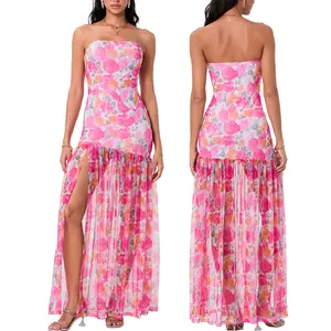 Women’s Tube Top Dress Strapless Backless Mesh Patchwork Tropical Leopard Print High Slit Long Dress for Street Vocation Woenwear，S/M/L/XL/XXL Size