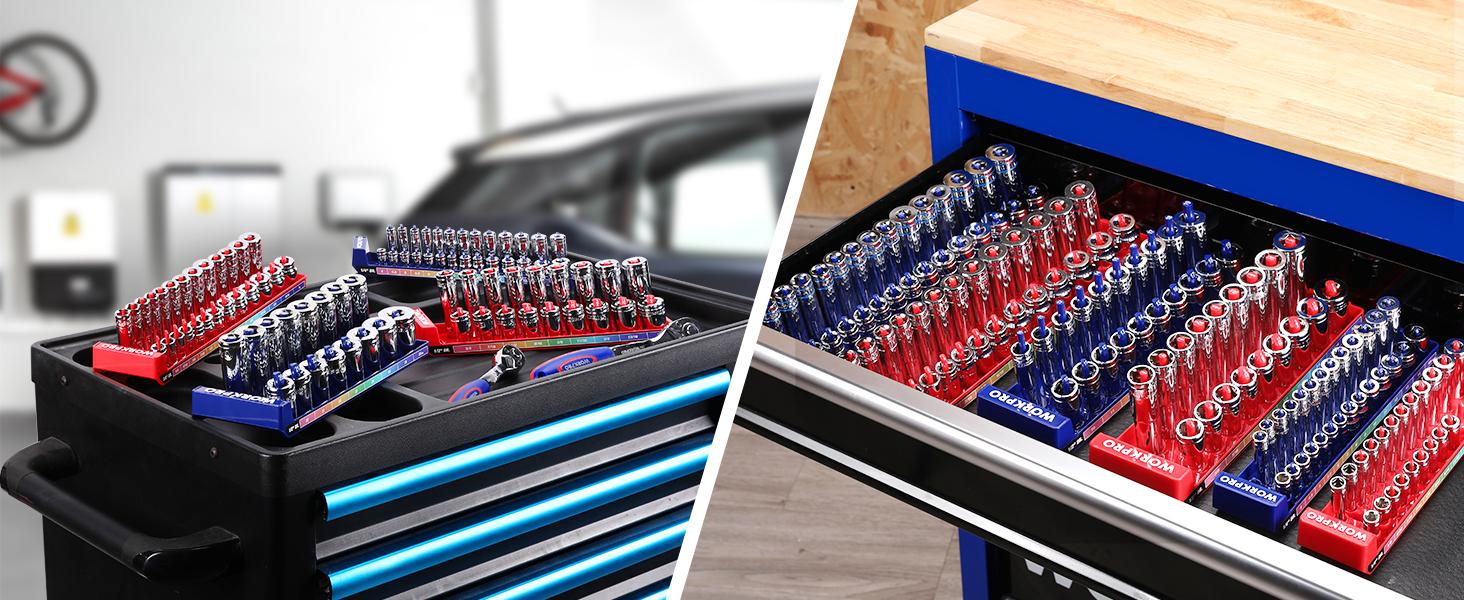 #BacktoSchool WORKPRO Socket Organizer Set, 1/4" 3/8" 1/2" Drive Socket Holder | Fits Impact Sockets, Metric & SAE Socket Trays, Holds Sockets, Large Capacity, Clear Size Identification
