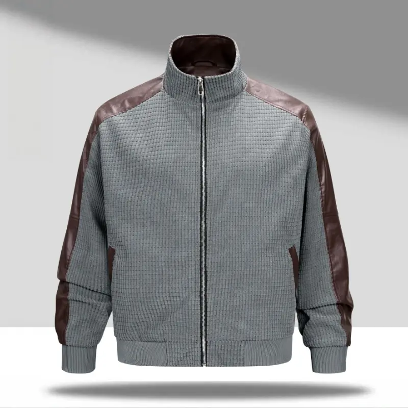 Men’s waffle knit varsity jacket with faux leather panels and a stand collar – raglan sleeves, full zip, relaxed dropped shoulders, retro biker style for spring and fall commuting & riding