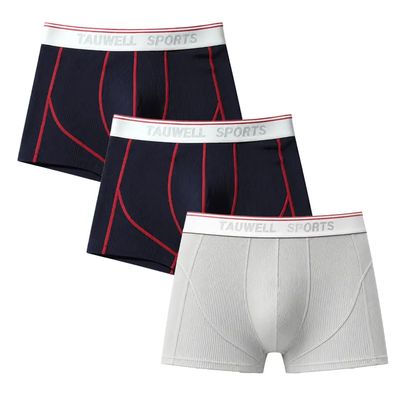 TAUWELL 3 Packs  Men's Ribbed Boxer Briefs, Soft Cotton Stretch Underwear with TAUWELL Sports Waistband, Body-Hugging Fit, Contrast Seam Lines, 3D Contour Pouch-25203