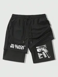 Men's Regular Fit Letter & Gun Print 2 in 1 Drawstring Waist Shorts, Casual Pocket Track Shorts for Summer, Graphic Print Shorts, Fashion Men's Bottoms for Daily Wear