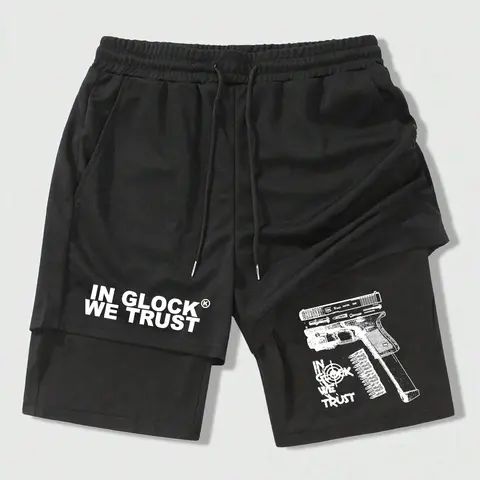 Men's Regular Fit Letter & Gun Print 2 in 1 Drawstring Waist Shorts, Casual Pocket Track Shorts for Summer, Fashion Men's Bottoms for Daily Wear, Casual Graphic Shorts