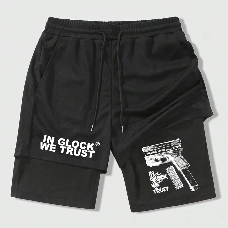 Men's Regular Fit Letter & Gun Print 2 in 1 Drawstring Waist Shorts, Casual Pocket Track Shorts for Summer, Fashion Men's Bottoms for Daily Wear, Casual Graphic Shorts