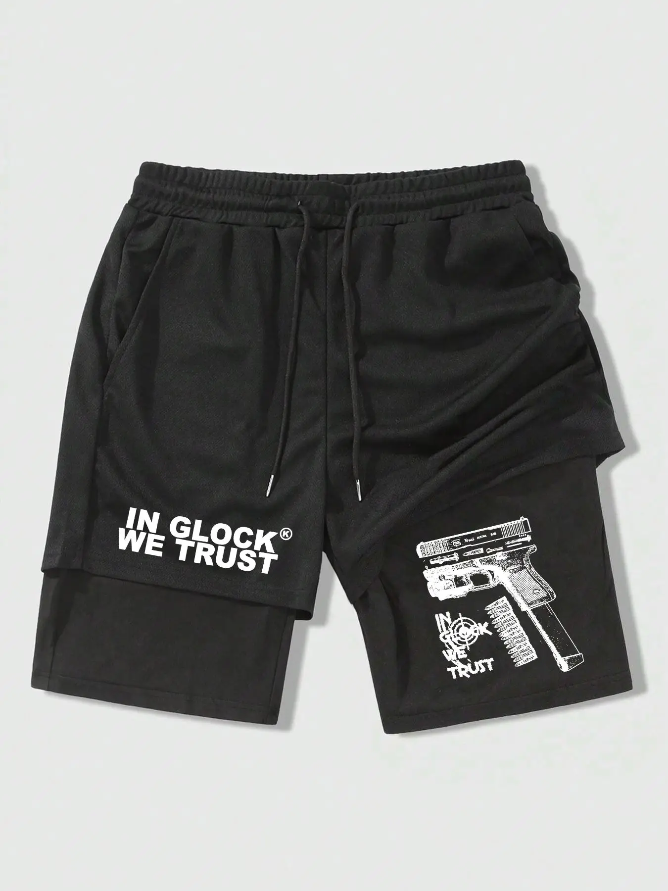 Men's Regular Fit Letter & Gun Print 2 in 1 Drawstring Waist Shorts, Casual Pocket Track Shorts for Summer, Fashion Men's Bottoms for Daily Wear