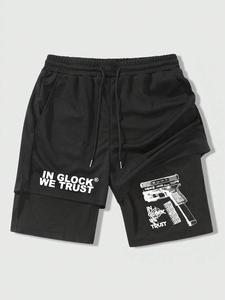 men's regular fit letter & gun print 2 in 1 drawstring waist shorts, casual pocket track shorts for summer, fashion men's bottoms for daily wear, everyday shorts
