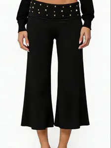 New Basic Plain Color Iron Ring Buckle Flowy Wide Leg Capri Pants, Low Waist Casual Seven-Eighths Pants, All-Season Loose-Fitting Bottoms