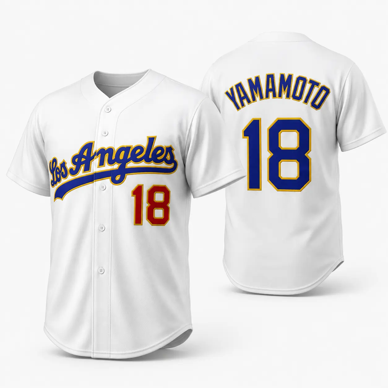 LA No.18 Baseball Jersey, Japanese Ace Pitcher Inspired White Button Up Shirt, Blue Gold Retro Baseball Jersey, Game Day Fan Apparel