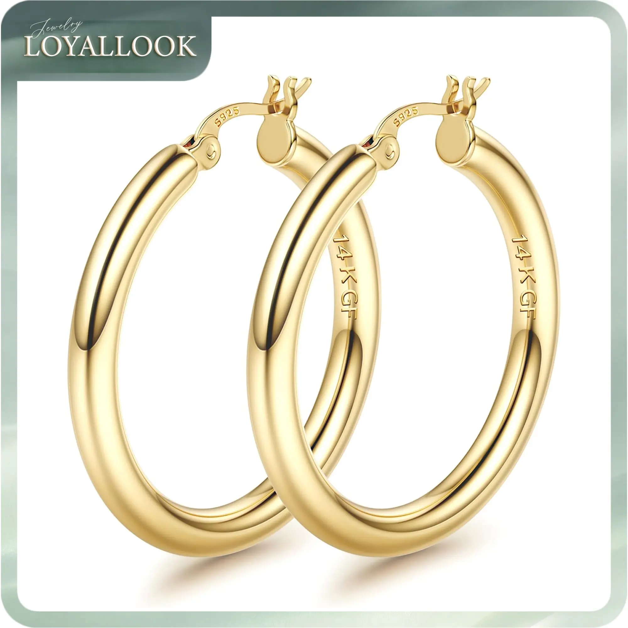 LOYALLOOK 14K Gold Plated Chunky Hoop Earrings for Women With 925 Sterling Silver Post Hollow Tube Hoops Earrings 4mm Thick Hoop Earrings Hypoallergenic Lightweight Large Hoop Earrings 25/40/60MM