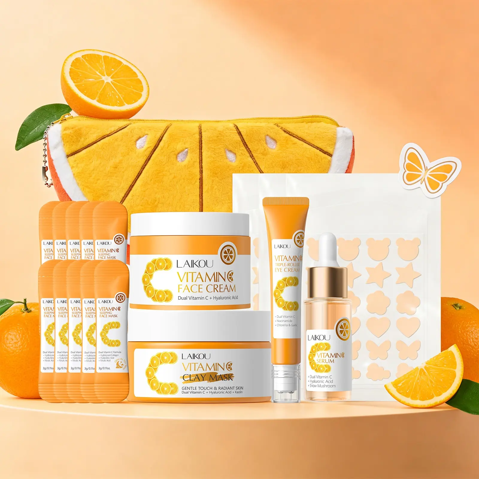 LAIKOU Vitamin C Skin Care Set 18-Piece, Cleansing & Moisturizing Kit with Clay Mask, Pimple Patch, Face Cream, Serum, Sleeping Mask & Triple-Roller Eye Cream, Skin Care Kits